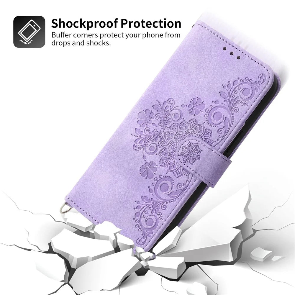 For Samsung Galaxy S21 FE 5G Skin-touch Feeling Phone Cover Shell Imprinted Flowers Pattern Stand Wallet Leather Phone Case with Wrist Strap and Shoulder Strap - Light Purple - 7