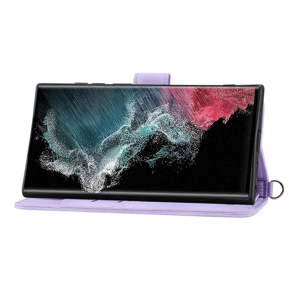 Multiple Card Slots Phone Case For Samsung Galaxy S22 Ultra 5G, Imprinted Flowers PU Leather Flip Stand Skin-touch Cell Phone Cover with Wrist and Shoulder Strap - Light Purple - 2