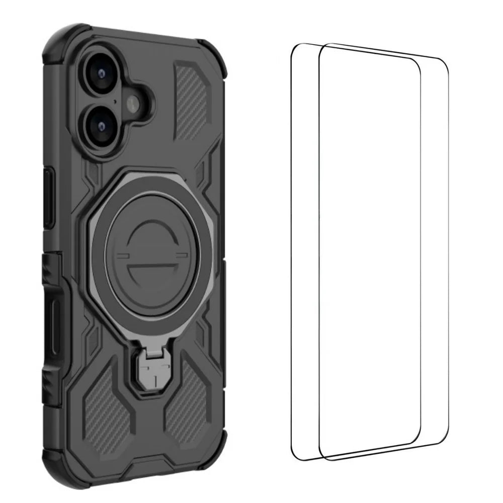 WANLONFENG For iPhone 17 Case Kickstand with 2Pcs Screen Film  KJ Series PC TPU Phone Cover (Big Lens Hole) - Black - 1