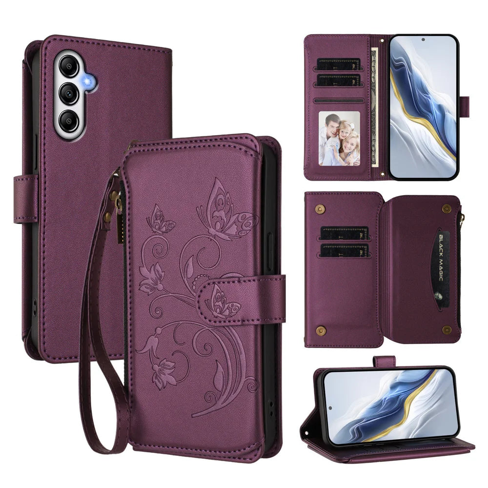 For Samsung Galaxy A37 5G / A56 5G / A36 5G Leather Case Butterfly Floral Imprint Zipper Wallet Stand Cover with Wrist Strap - Purple - 1