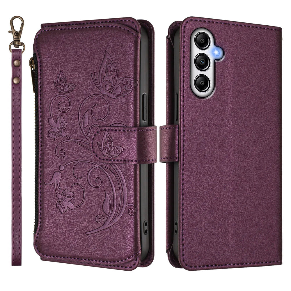 For Samsung Galaxy A37 5G / A56 5G / A36 5G Leather Case Butterfly Floral Imprint Zipper Wallet Stand Cover with Wrist Strap - Purple - 2