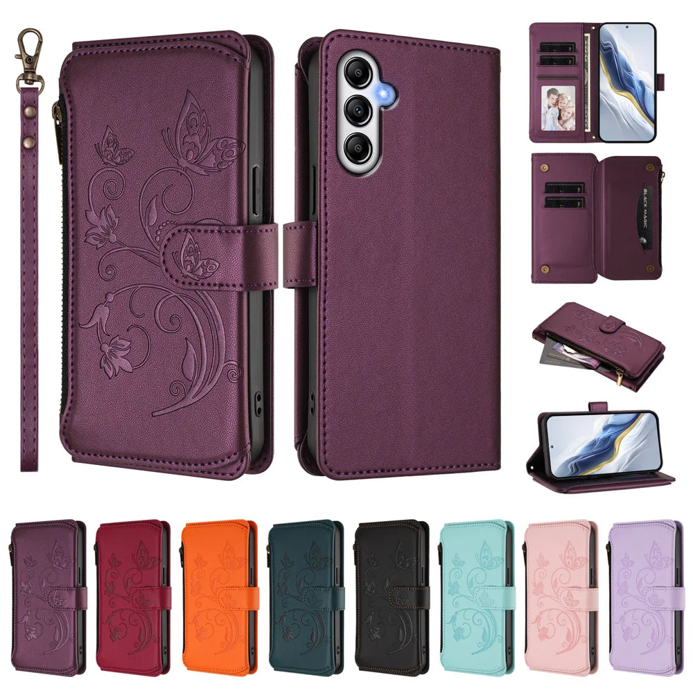 For Samsung Galaxy A37 5G / A56 5G / A36 5G Leather Case Butterfly Floral Imprint Zipper Wallet Stand Cover with Wrist Strap - Purple - 4