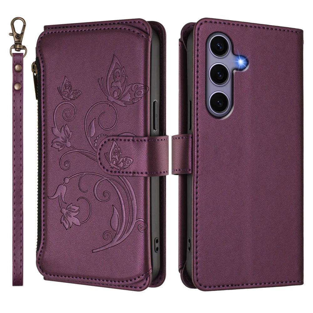 For Samsung Galaxy S25 / Galaxy S24 Leather Case Butterfly Floral Imprint Zipper Wallet Stand Cover with Wrist Strap - Purple - 2