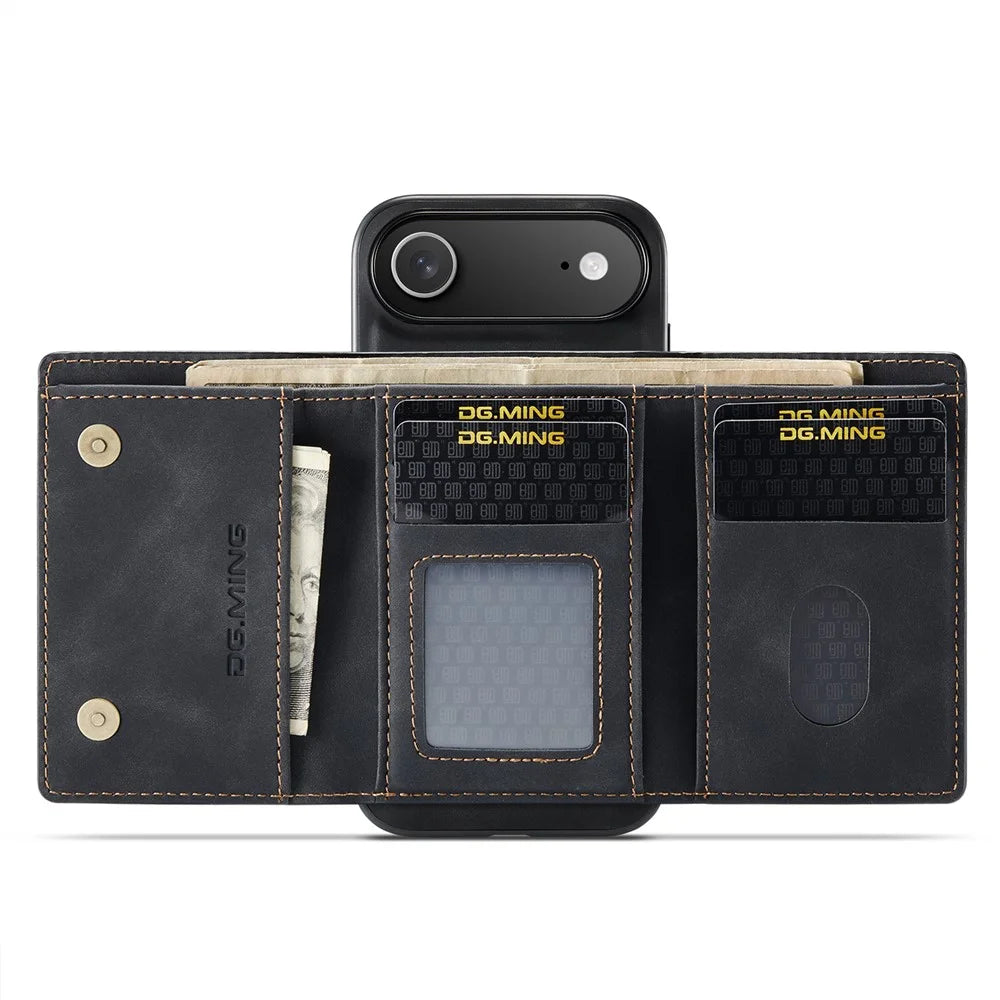 DG.MING M1 Series for iPhone Air Case Kickstand PU Phone Cover with Detachable Wallet - Black - 2