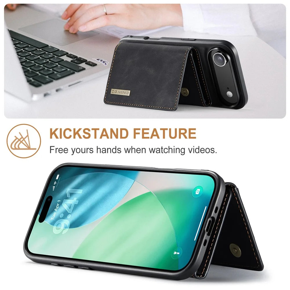 DG.MING M1 Series for iPhone Air Case Kickstand PU Phone Cover with Detachable Wallet - Black - 6