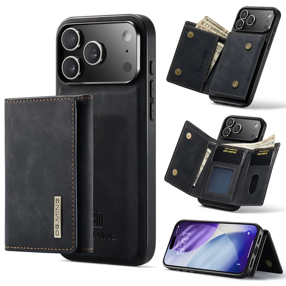 DG.MING M1 Series for iPhone 18 Pro Max / 17 Pro Max Case Kickstand PU Phone Cover with Detachable Wallet - Black - 1