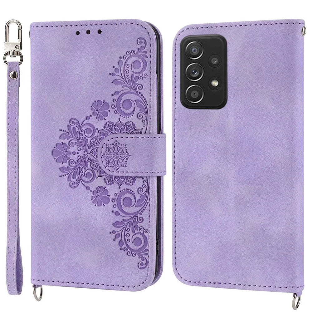 For Samsung Galaxy A52 4G / A52 5G / A52s 5G Imprinted Flowers PU Leather Flip Case Stand Multiple Card Slots Skin-touch Cover with Wrist Strap and Shoulder Strap - Light Purple - 1