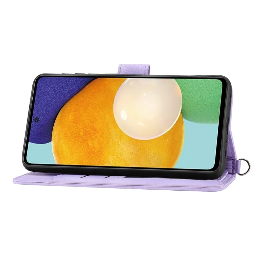 For Samsung Galaxy A72 4G / 5G Imprinted Flowers Drop-proof Phone Case Skin-Touch PU Leather Stand Card Holder Flip Wallet Cover with Wrist Strap and Shoulder Strap - Light Purple - 2