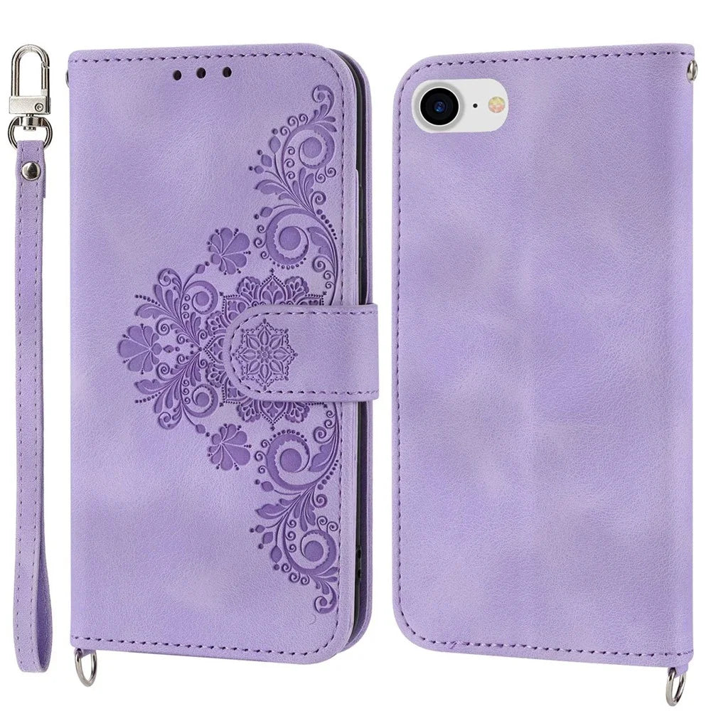 For iPhone 8 / 7 / SE (2020) / SE (2022) Imprinted Flowers Pattern Skin-touch Leather Shell Case Stand Wallet Cover with Wrist Strap and Shoulder Strap - Light Purple - 1