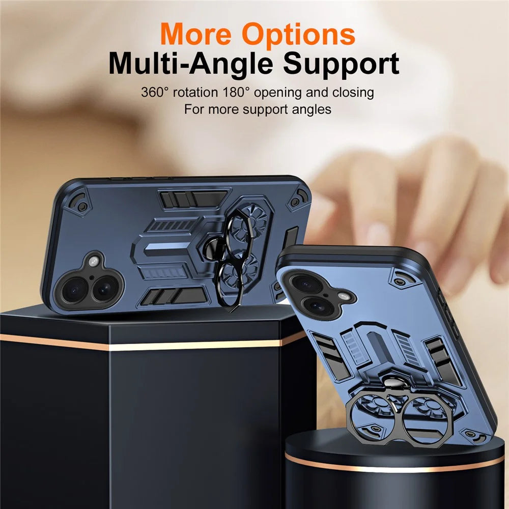 For iPhone 17 Case Ring Holder Kickstand PC + TPU Shockproof Phone Cover - Navy Blue - 4