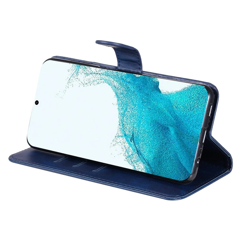 For Samsung Galaxy S23 PU Leather Zipper Pocket Shockproof Phone Case Calf Texture Wallet Stand Protective Phone Cover - Blue - 4