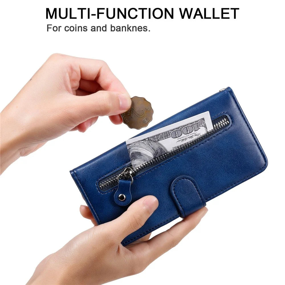 For Samsung Galaxy S23 PU Leather Zipper Pocket Shockproof Phone Case Calf Texture Wallet Stand Protective Phone Cover - Blue - 7
