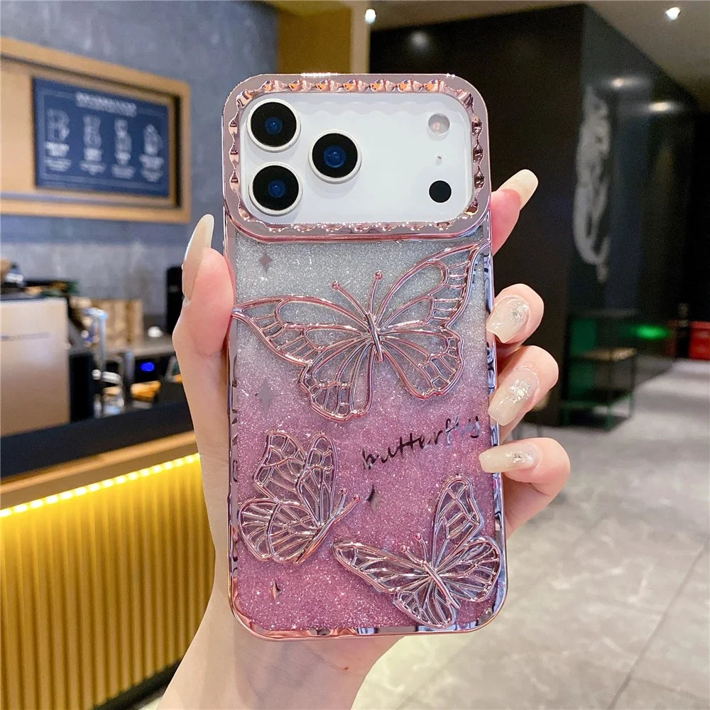 For iPhone 18 Pro Max / 17 Pro Max Case 3D Butterfly TPU Phone Cover with Gradient Glitter Paper - Pink - 2