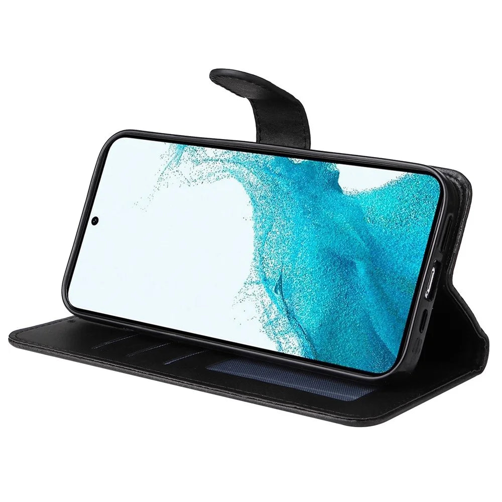 Cell Phone Case for Samsung Galaxy S23, Magnetic Clasp Classic Calf Texture PU Leather Wallet Stand Cover with Wrist Strap - Black - 3
