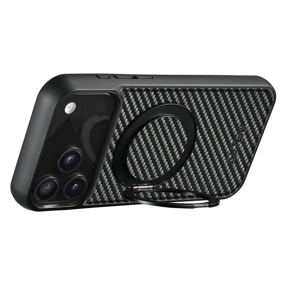 SUTENI G3 For iPhone 17 Pro Max Magnetic Case Rotating Kickstand Carbon Fiber Texture Leather Phone Back Cover - 3