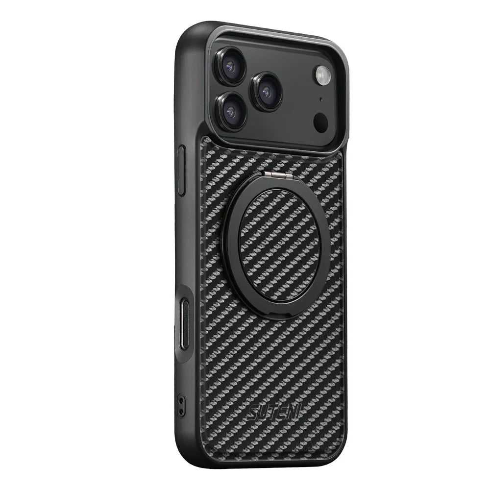 SUTENI G3 For iPhone 17 Pro Max Magnetic Case Rotating Kickstand Carbon Fiber Texture Leather Phone Back Cover - 4
