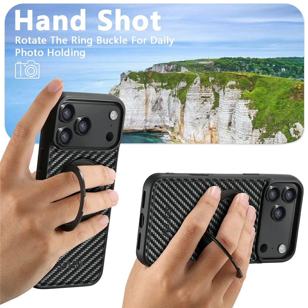 SUTENI G3 For iPhone 17 Pro Max Magnetic Case Rotating Kickstand Carbon Fiber Texture Leather Phone Back Cover - 6