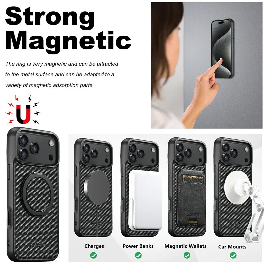 SUTENI G3 For iPhone 17 Pro Max Magnetic Case Rotating Kickstand Carbon Fiber Texture Leather Phone Back Cover - 7
