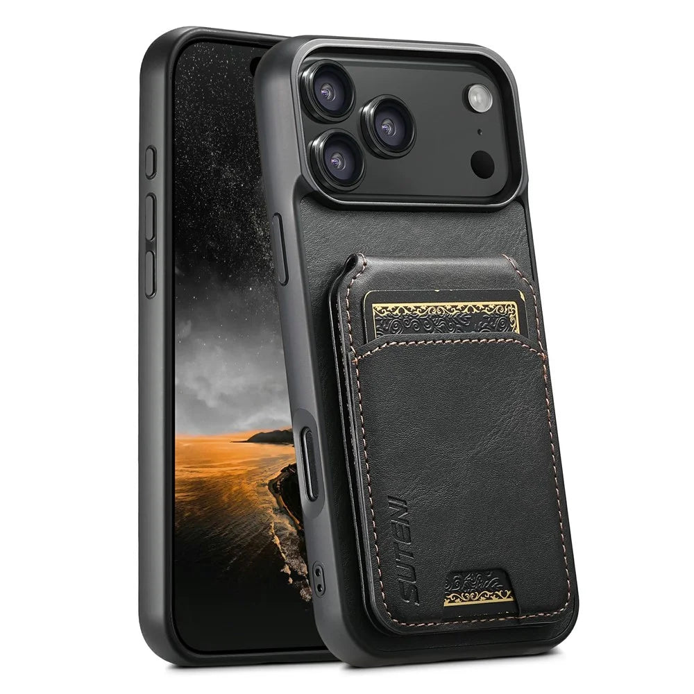 SUTENI H02 For iPhone 17 Pro Max Case Waxy Texture Leather + TPU Card Slots Kickstand Phone Cover - Black - 1