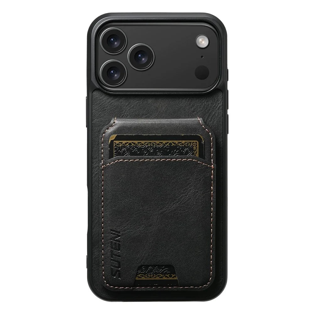 SUTENI H02 For iPhone 17 Pro Case Waxy Texture Leather + TPU Card Slots Kickstand Phone Cover - Black - 2