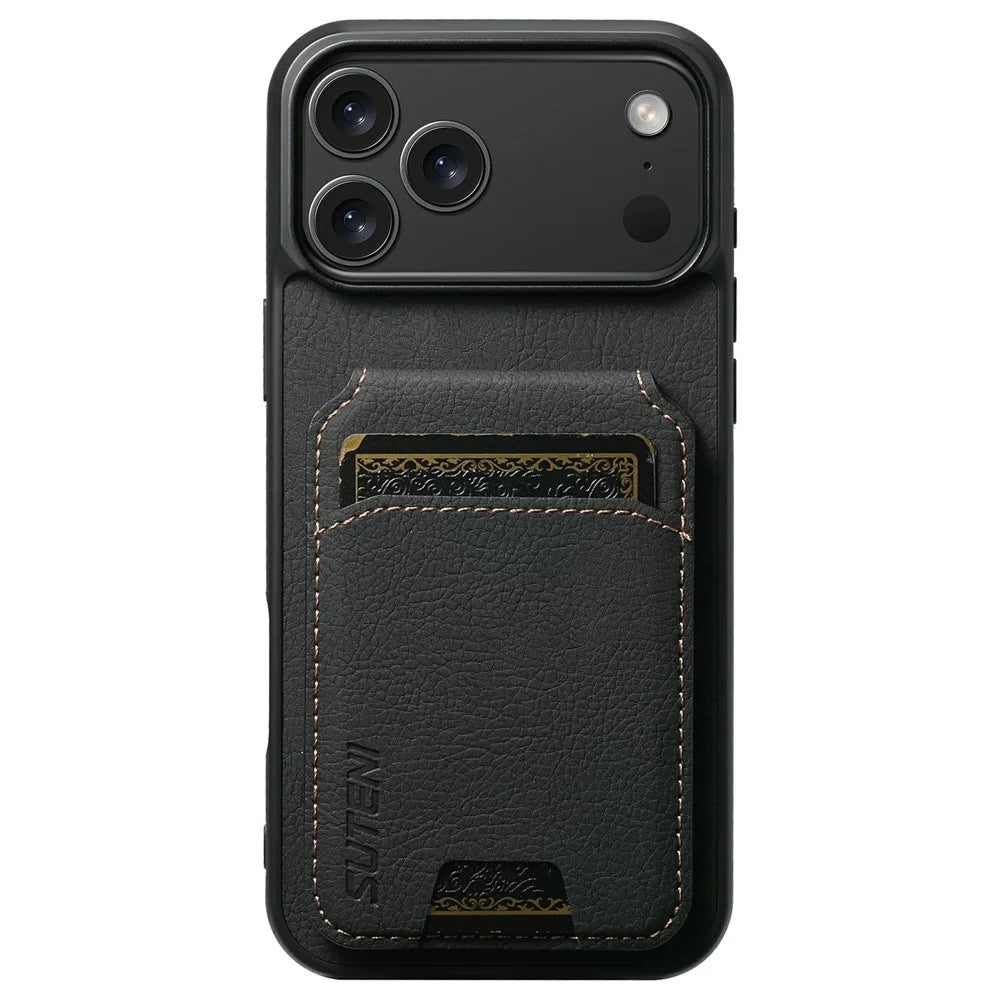 SUTENI H02 For iPhone 17 Pro Case Card Slots Kickstand Litchi Texture Leather + TPU Cover - Black - 2