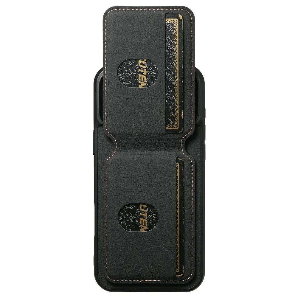 SUTENI H02 For iPhone 17 Pro Case Card Slots Kickstand Litchi Texture Leather + TPU Cover - Black - 3