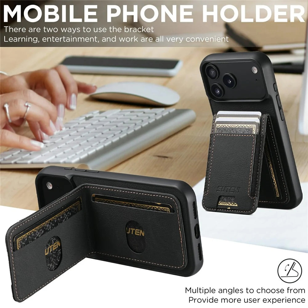 SUTENI H03 For iPhone 17 Pro Max Case Card Holder Kickstand Litchi Texture Leather + TPU Phone Cover - Black - 6