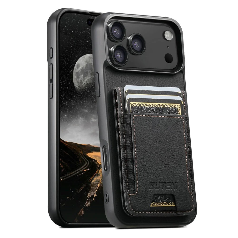 SUTENI H03 For iPhone 17 Pro Case Card Holder Kickstand Litchi Texture Leather + TPU Phone Cover - Black - 1