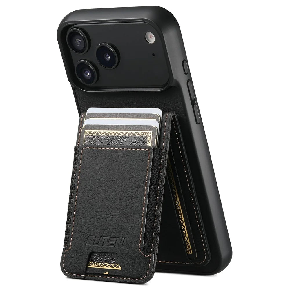 SUTENI H03 For iPhone 17 Pro Case Card Holder Kickstand Litchi Texture Leather + TPU Phone Cover - Black - 2
