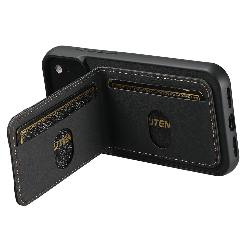 SUTENI H03 For iPhone 17 Pro Case Card Holder Kickstand Litchi Texture Leather + TPU Phone Cover - Black - 3