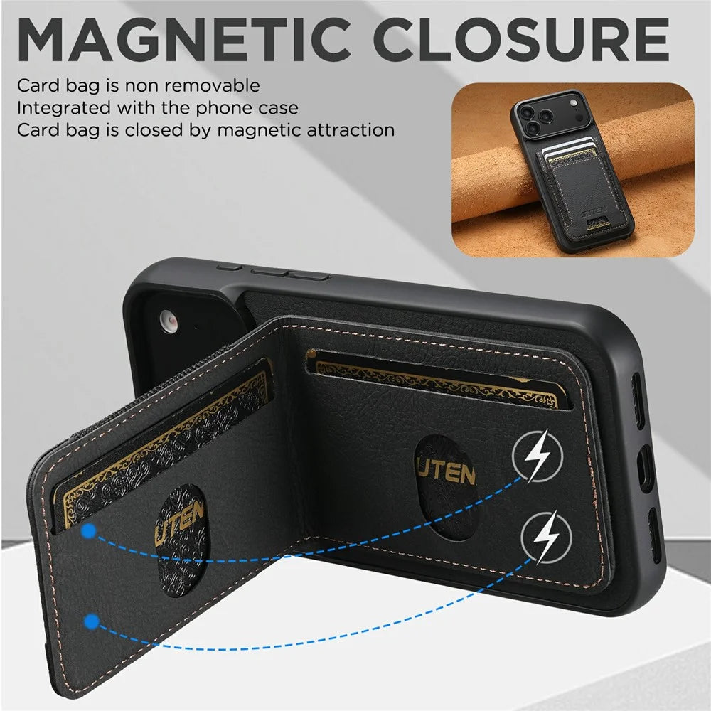 SUTENI H03 For iPhone 17 Pro Case Card Holder Kickstand Litchi Texture Leather + TPU Phone Cover - Black - 7