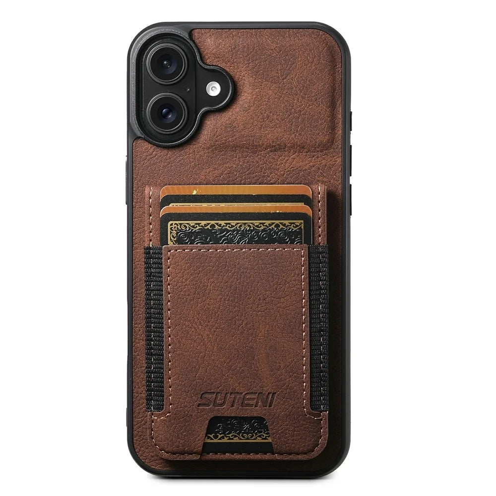 SUTENI H03 For iPhone 17 Case Card Holder Kickstand Litchi Texture Leather + TPU Phone Cover - Brown - 2