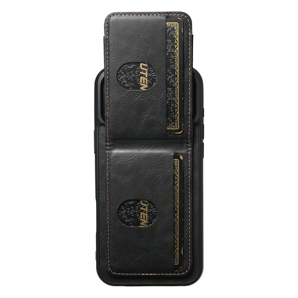 SUTENI H03 For iPhone 17 Pro Max Case Card Holder Waxy Texture Leather + TPU Phone Cover - Black - 2