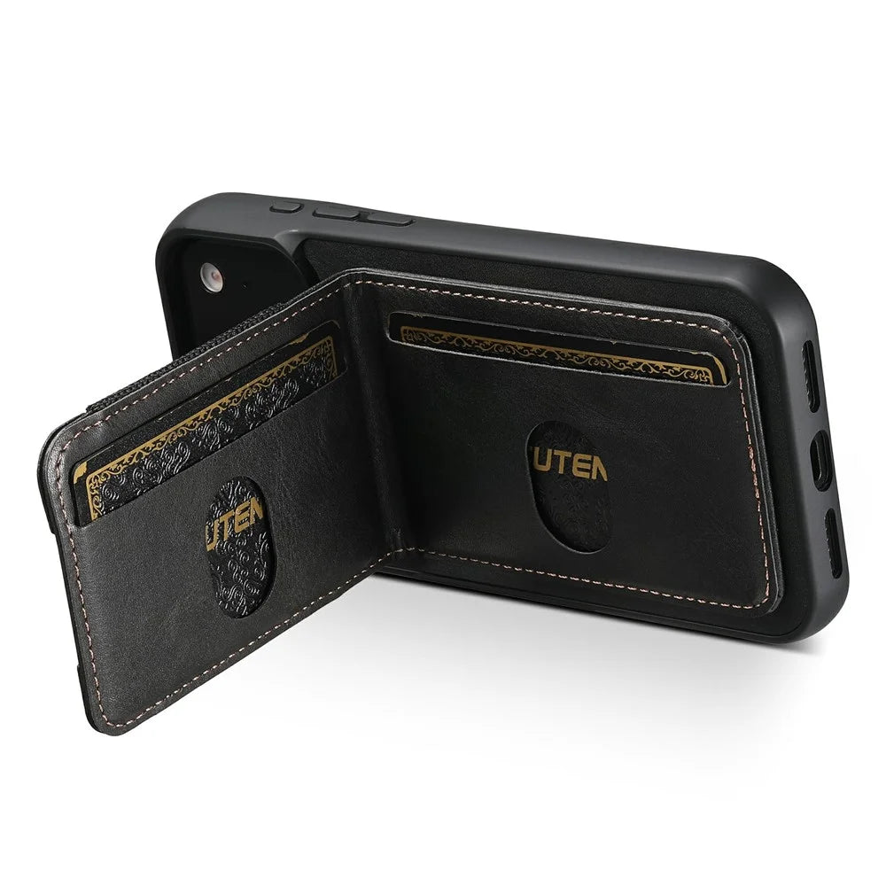 SUTENI H03 For iPhone 17 Pro Max Case Card Holder Waxy Texture Leather + TPU Phone Cover - Black - 4