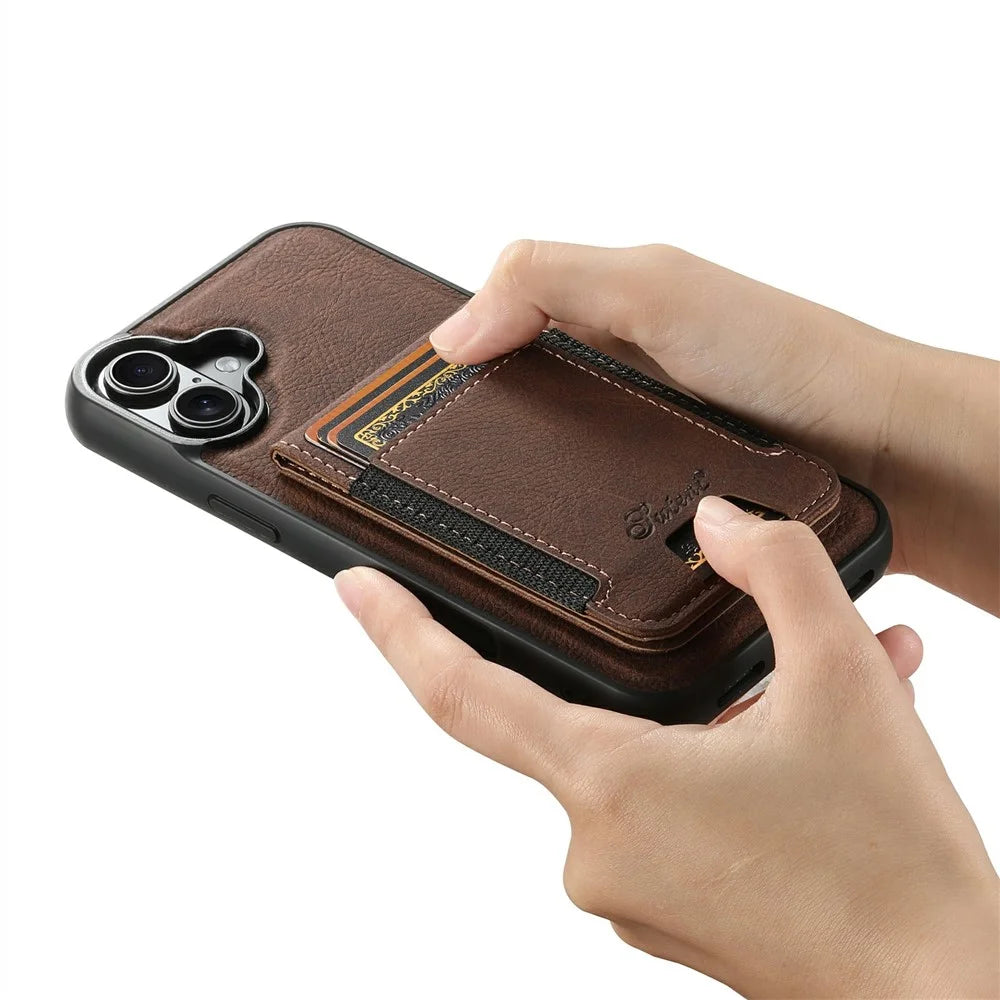 SUTENI H17 For iPhone 17 Magnetic Case Card Slots Leather + TPU Kickstand Phone Cover - Brown - 5