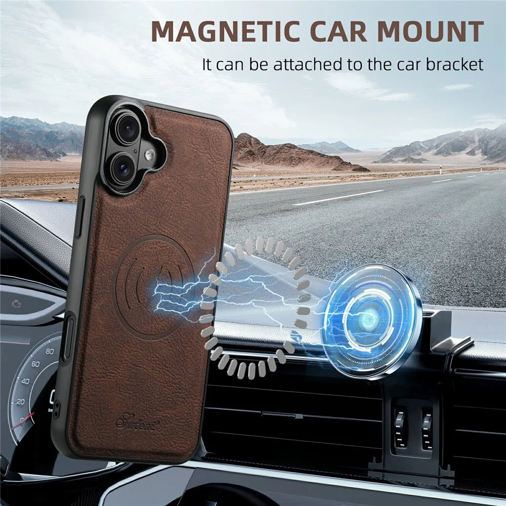 SUTENI H17 For iPhone 17 Magnetic Case Card Slots Leather + TPU Kickstand Phone Cover - Brown - 7
