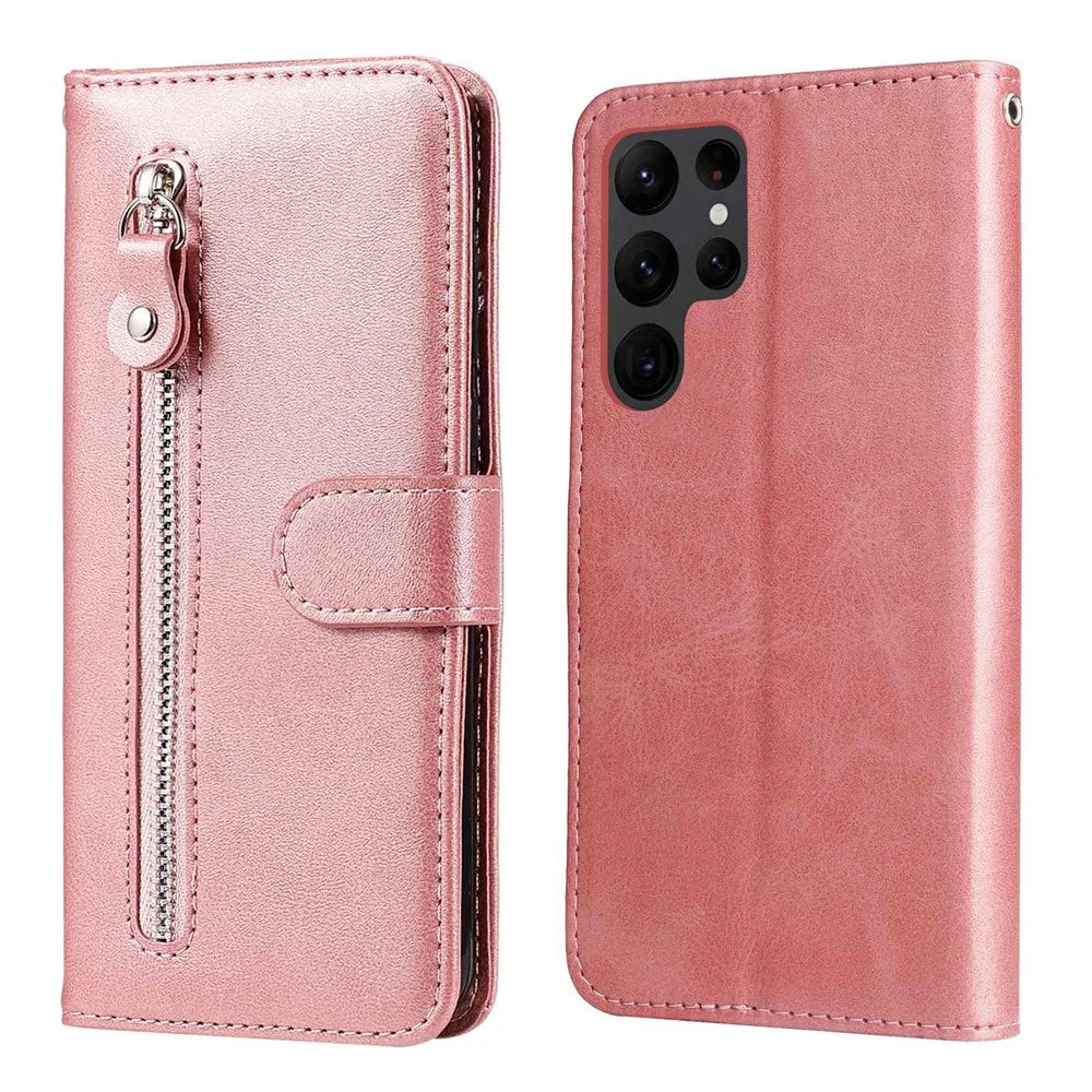 Anti-drop Phone Case For Samsung Galaxy S23 Ultra, PU Leather Calf Texture Magnetic Clasp Wallet Zipper Pocket Stand Cover - Rose Gold - 1