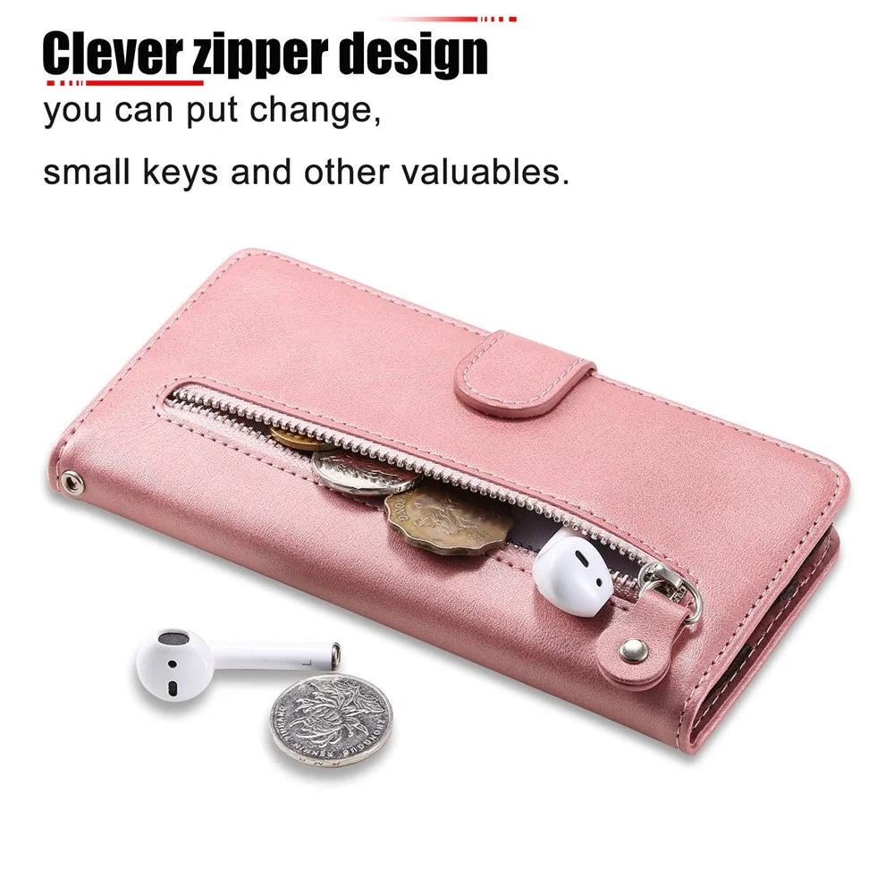 Anti-drop Phone Case For Samsung Galaxy S23 Ultra, PU Leather Calf Texture Magnetic Clasp Wallet Zipper Pocket Stand Cover - Rose Gold - 5