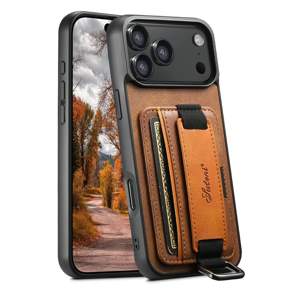 SUTENI H13 For iPhone 17 Pro Case Card Holder Wristband Waxy Texture Leather + TPU + PC Cover - Brown - 1