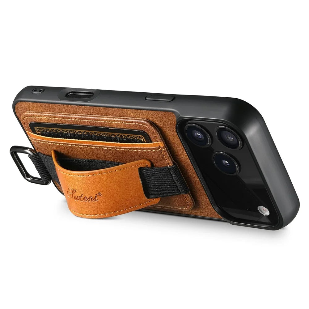 SUTENI H13 For iPhone 17 Pro Case Card Holder Wristband Waxy Texture Leather + TPU + PC Cover - Brown - 2