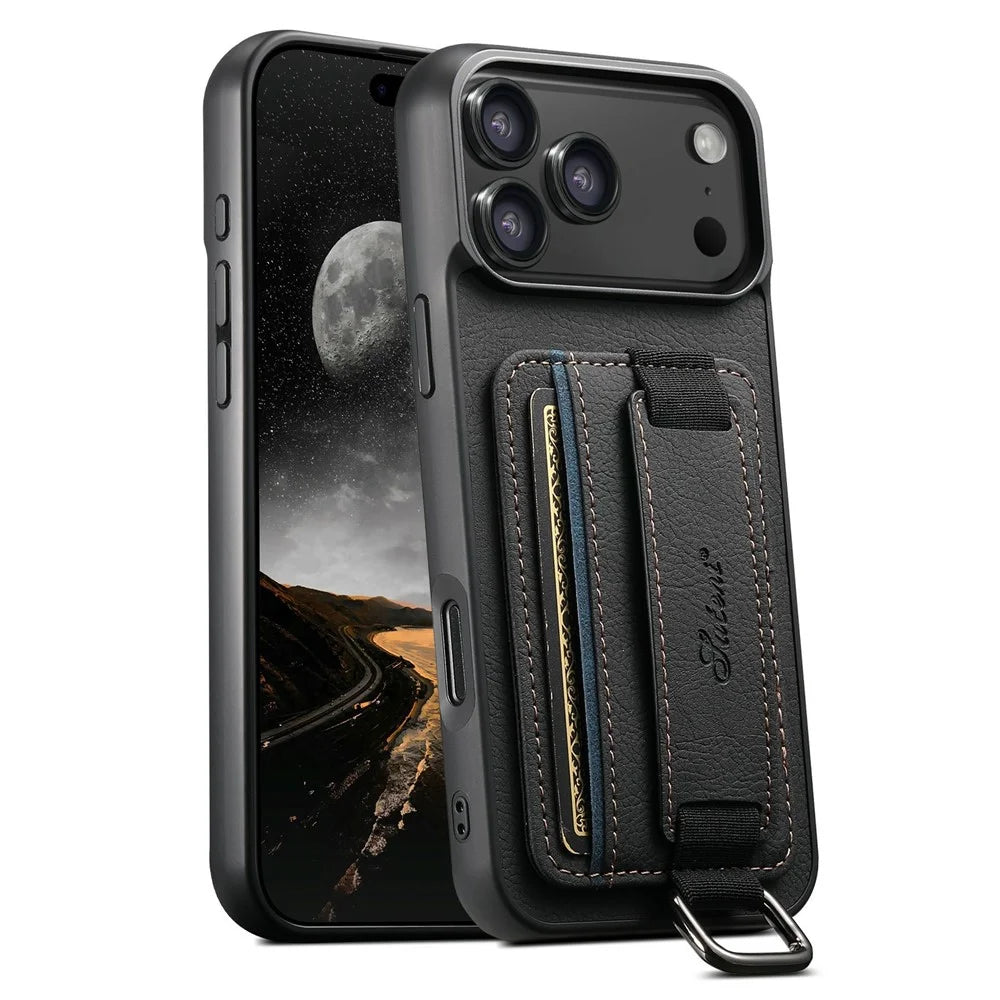 SUTENI H13 For iPhone 17 Pro Case Litchi Texture Leather + TPU + PC Phone Cover with Card Holder Kickstand - Black - 1