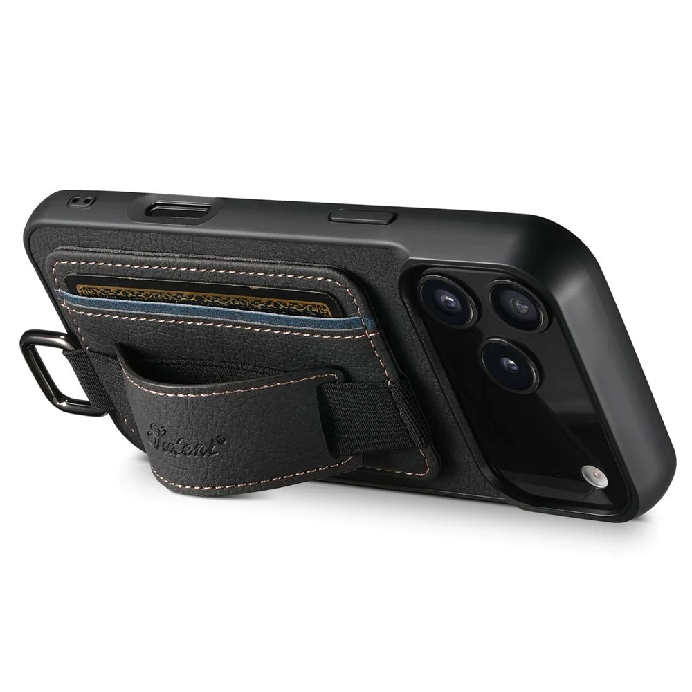 SUTENI H13 For iPhone 17 Pro Case Litchi Texture Leather + TPU + PC Phone Cover with Card Holder Kickstand - Black - 2