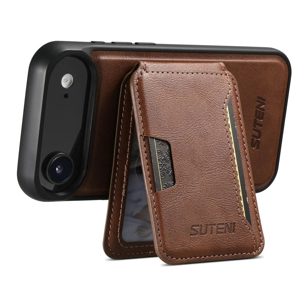 SUTENI M3 For iPhone Air Magnetic Case Cowhide Texture Leather Back Cover with Card Bag Kickstand - Brown - 2