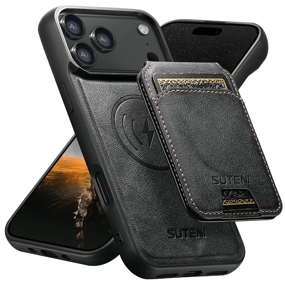 SUTENI M5 For iPhone 17 Pro Magnetic Case with Card Bag Cowhide Texture Leather Phone Back Cover - Black - 1