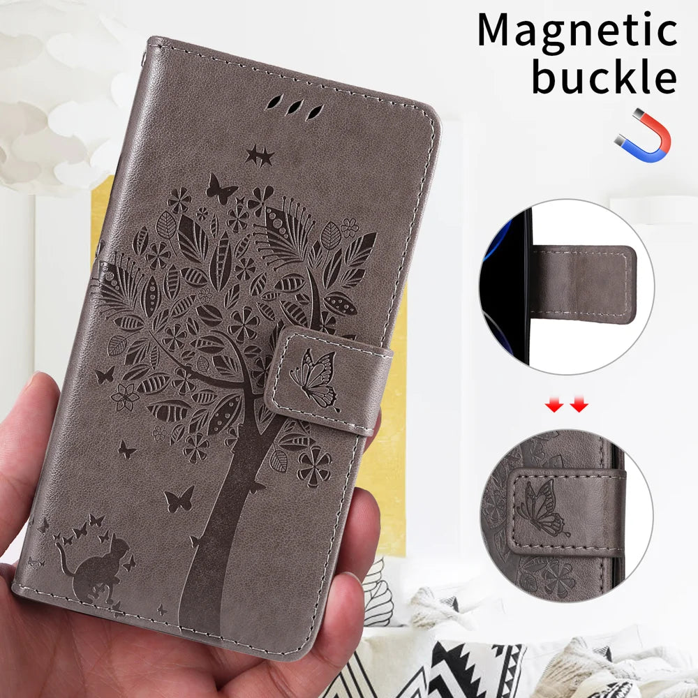 For Samsung Galaxy S24 Ultra Phone Case with Stand Cat Tree Pattern Leather Wallet Mobile Cover - Grey - 5