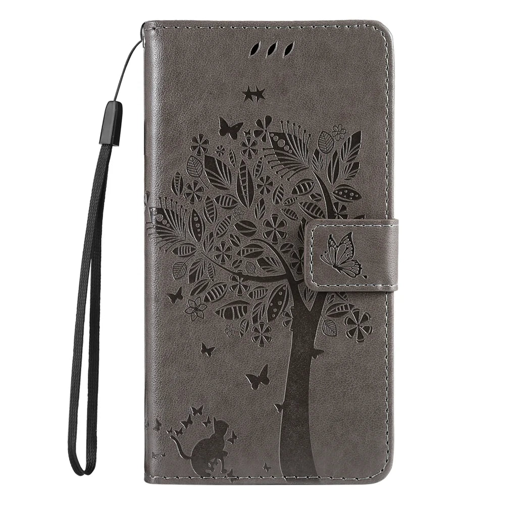 For Samsung Galaxy S24 Ultra Phone Case with Stand Cat Tree Pattern Leather Wallet Mobile Cover - Grey - 7
