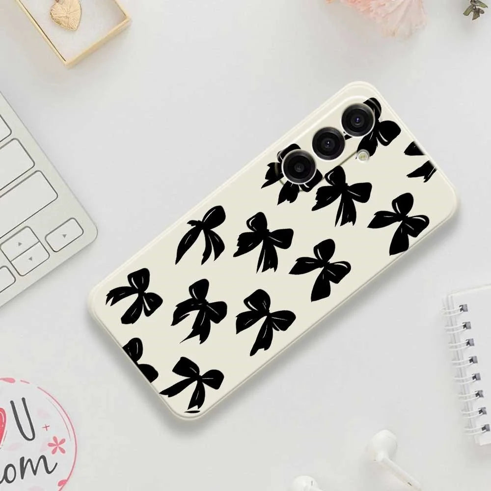 For Samsung Galaxy A18 5G / A18 4G / A17 5G / A17 4G Case Black Bow Pattern Printing Straight Edge TPU Phone Back Cover - Beige - 7
