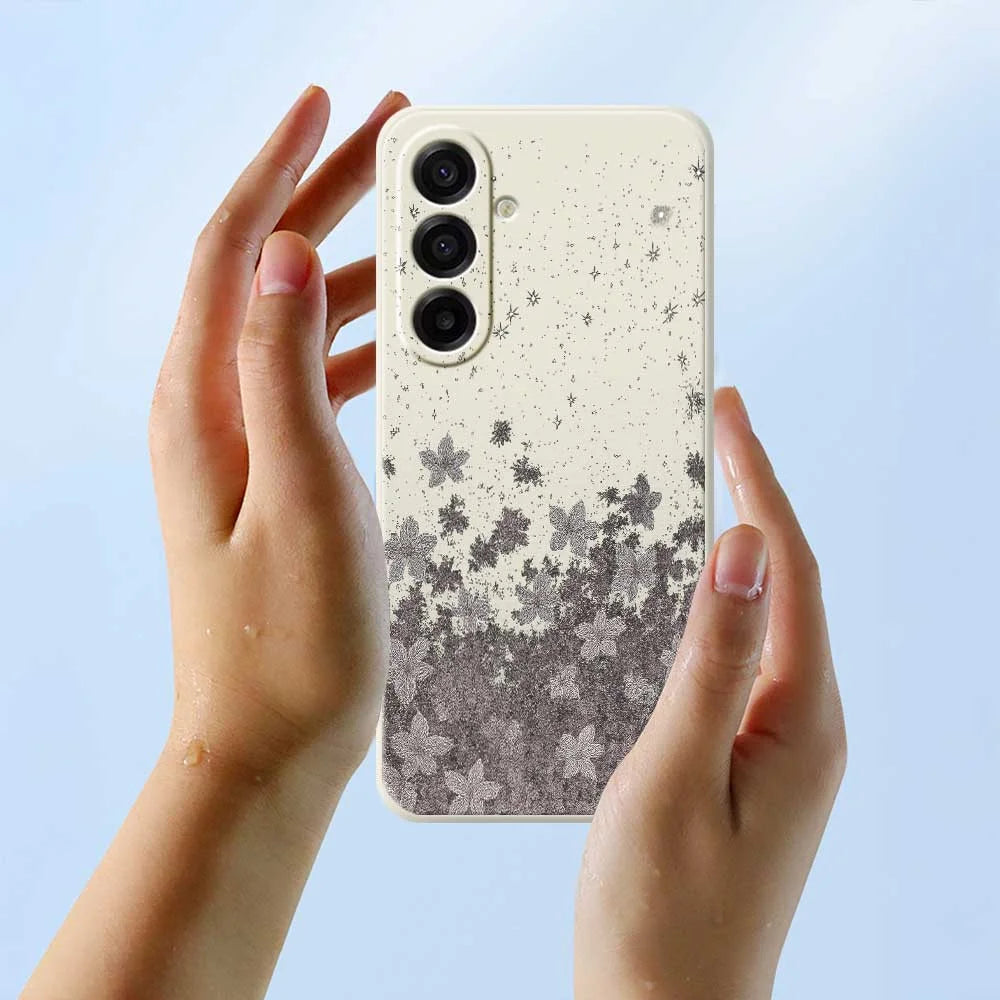 For Samsung Galaxy A18 5G / A18 4G / A17 5G / A17 4G Case Grey Flowers Pattern Printing Straight Edge TPU Phone Back Cover - Beige - 5