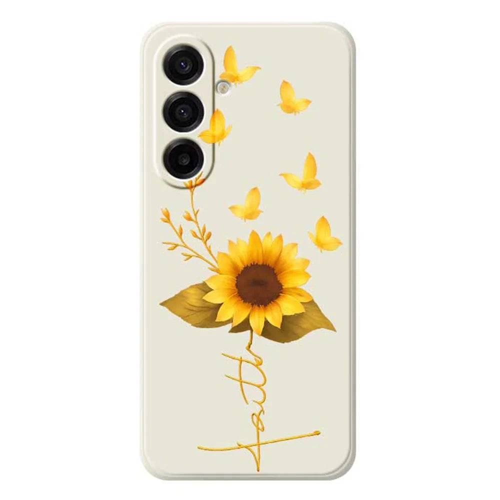 For Samsung Galaxy A18 5G / A18 4G / A17 5G / A17 4G Case Golden Butterfly Sunflower Pattern Printing Straight Edge TPU Phone Back Cover - Beige - 1