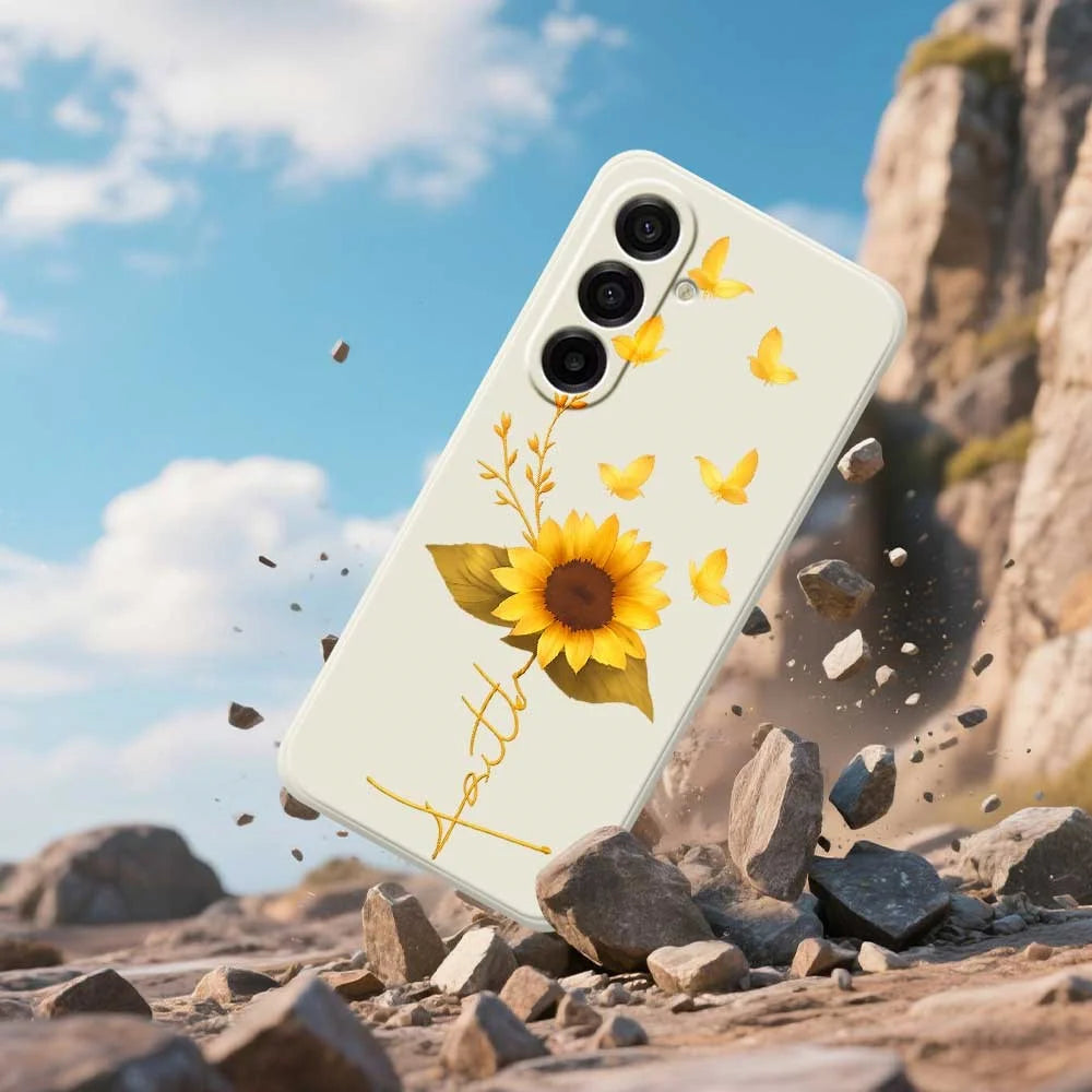 For Samsung Galaxy A18 5G / A18 4G / A17 5G / A17 4G Case Golden Butterfly Sunflower Pattern Printing Straight Edge TPU Phone Back Cover - Beige - 6